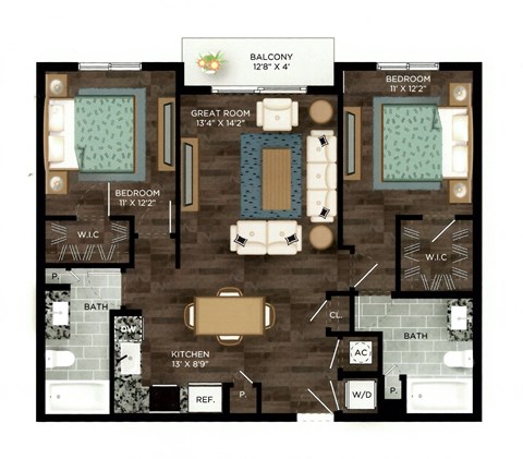 Floor plan for 2 beds, 2 baths, 1131 sqft